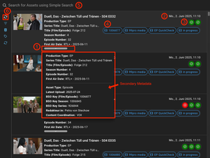 Screenshot des Rally Asset Pickers mit Metadaten, Tags und Status Indicators