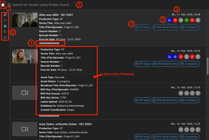 Screenshot des Rally Asset Pickers mit Metadaten, Tags und Status Indicators