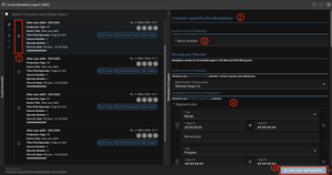Rally Screenshot der den asset Metadata Soap Ingest aufgeteilt in zwei Bereiche zeigt. Links ist ein asset Picker und rechts die Metadaten Eingabe inkl. Block Nummer.