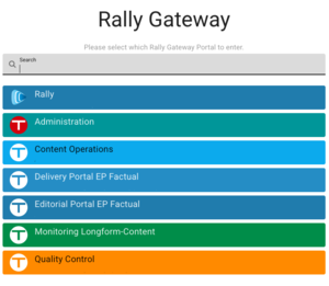 Screenshot der Rally Gateway-Auswahl mit einer exemplarischen Gateway-Liste