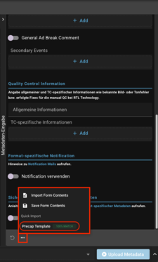 Screenshot des Dreipunkte-Men&uuml;s mit Quick Import zuvor angelegter Saved Form Contents