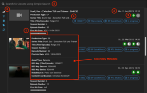 Screenshot des Rally Asset Pickers mit Metadaten, Tags und Status Indicators