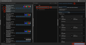 Rally Screenshot mit drei Spalten - links ist ein Asset Picker mit mehreren Assets, in der Mitte ist die Master Version Broadcast master UHD HDR v2 und rechts k&ouml;nnen content spezifische Metadaten eingetragen werden.